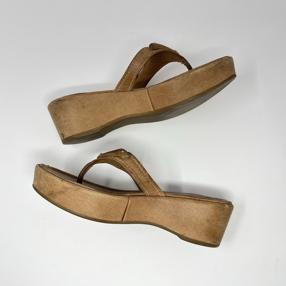 Vintage Prada 90s Y2K Brown Tan Triangle Logo Platform Wedge Thong Sandals 37 7 - Picture 5 of 10